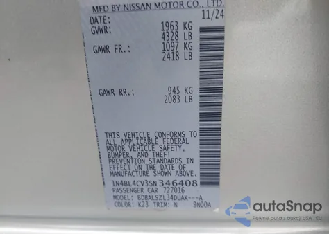 2025 Nissan Altima Sr Fwd из США, поврежденный, VIN 1N4BL4CV3SN346408